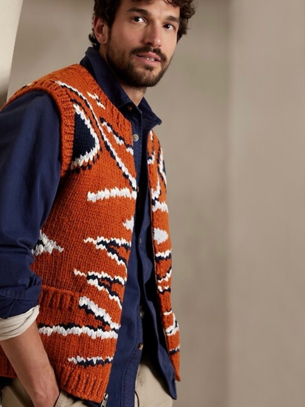 Banana Republic Archives Trekking Orange Patterned Chunky Sweater Knit Zip Vest